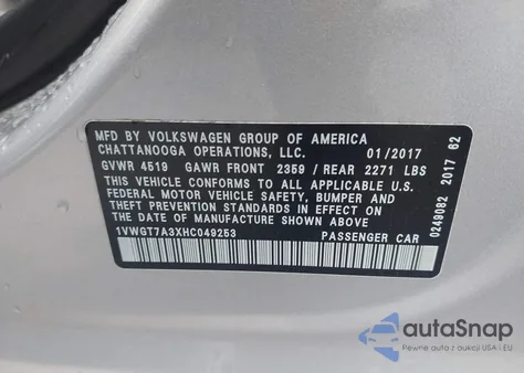 2017 Volkswagen Passat 1.8T Se from USA, damaged, VIN 1VWGT7A3XHC049253